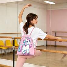 Pink And Blue Unicorn Print Drawstring Backpack Bag For Kids And Girls, Cute School Essential With Cord Closure, Fairytale Travel Accessory For Beach Visits, Dance Class, Camp Activities, Casual Outings And Weekend Adventures - UNICORN-108 - View 5
