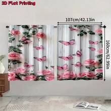 2pcs High Definition Digital Sweet Girl Style Pink Rose Butterfly Print Decorative Curtains, Polyester Material, Easy To Install, Rod Pocket Hanging, Semi-Transparent Privacy Protection, Machine Washable And Hand Washable, Suitable For Bedroom, Office, Kitchen, Living Room, Study, Home Decor. - Multicolor - View 14