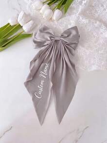 Custom Name Big Bow Hair Clips, Multi Color Engraved Text Long Ribbon Bow Barrette, Elegant Women Bridal Daily Custom Text Hair Accessories - Multicolor - View 14