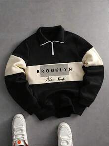 Men's Autumn/Winter Casual Fashion Versatile Colorblock Minimalist English Print Comfortable Half-Zip Long Sleeve Sweatshirt - Black - View 5