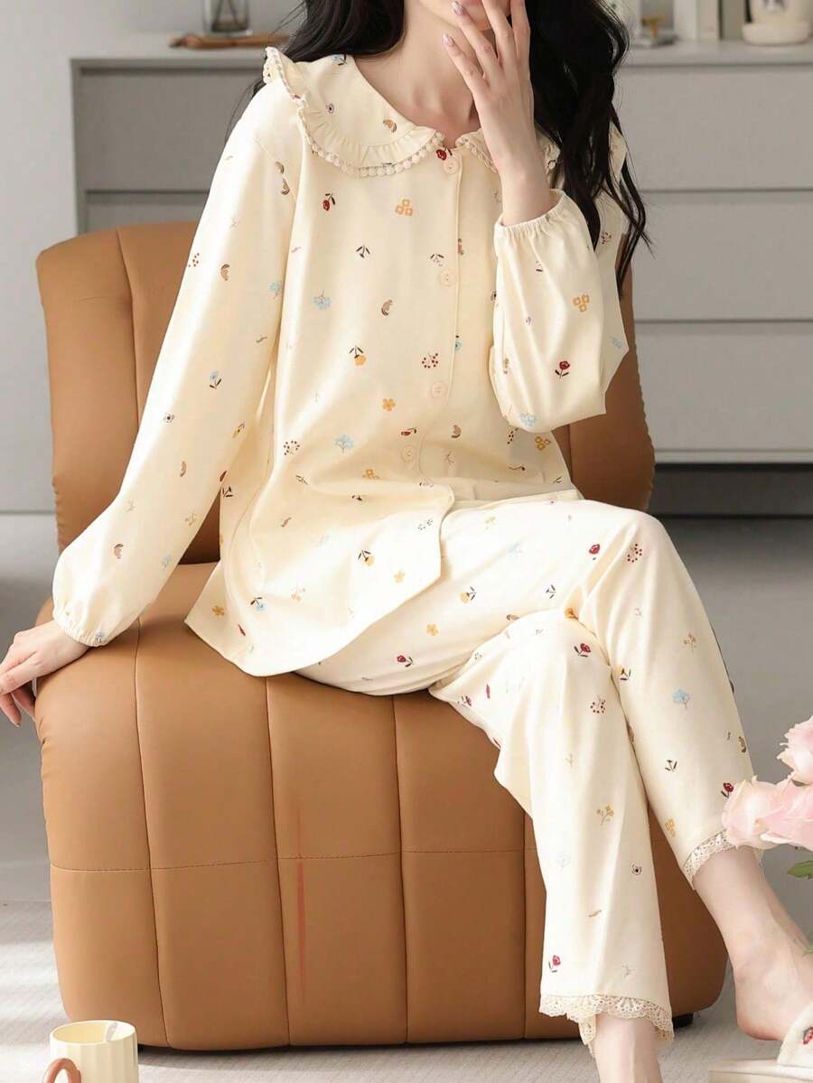 2pcs/Set Women's Open Front Pajama Set With Ruffle Trim, Long Sleeve, Skin-Friendly Home Wear For Spring And Autumn - Mustard Yellow - View 1