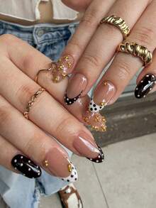 10 Pieces Of Handmade Press On Nails,Nails,Summer Nails,Short Nails,Almond Nails,Y2k Nails,Black Nails,With Solid Black White Polka Dot Nails,And Nude Nails With Mini Gold Metal Bead Clusters,Perfect For Daily Wear,Dates And Casual Street Occasions. - Black - View 2