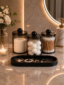 Bathroom Vanity Accessories Set, Cotton Pad Dispenser & Cotton Swab Storage Box With Black Tray, Minimalist Cosmetic Organizer Rack, Cotton Pad Storage Can, Cotton Pad, Cotton Ball And Cotton Swab Storage Rack - Multicolor - View 3