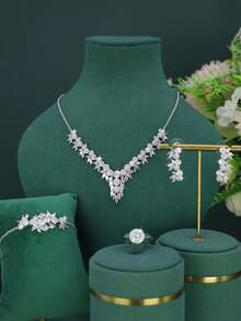 5pcs Elegant Exquisite Series Geometric Design Bridal Wedding Set, Handmade Inlaid White Cubic Zirconia, Includes Necklace, Bracelet, Earrings, Ring, Suitable For Daily Wear And Wedding, Wedding Anniversary Gift - Geometric Design - View 12