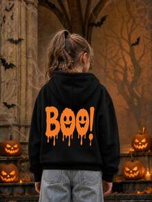 [Halloween]1pc Tween Girls Hooded Sweatshirt, Boo Ghost Face & Letter Print Front And Back, Halloween Orange Drip Fun Pattern, Loose Casual Sweatshirt - Black - View 2