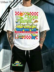 Disney Toy Story-Pizza Planet Three Eyes 2-Piece Men's Sports T-Shirt&Shorts Set Soft Fabric Breathable Printed Round Neck Short Sleeve T-Shirt - 白色+黑色 - 查看 2
