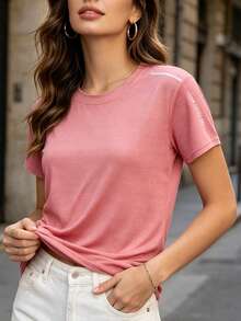 Women's Multi-Color Quick-Dry Short Sleeve Sports T-Shirt, Round Neck, Reflective Shoulder Lines, Versatile Loose Solid Color Athletic Top Summer - Multicolor - View 5