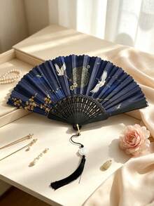 中式仙鶴印花摺扇附黑色流蘇，東方漢服旗袍女裝配件 - 雙鶴尋梅折扇 - 查看 5