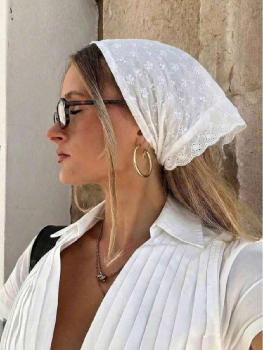 1pc Elegant French Lace Triangle Headscarf - White Sweet Hair Accessory, Vintage Summer Sun Protection, Women's Headwear | Vintage Lace Scarf | Headband - White - View 1