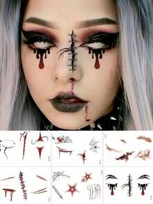 6 Sheets Waterproof Halloween Scary Temporary Face Tattoos Zombie Fake Wound Scar Spider Web Clown Horror Tattoo Makeup Stickers For Cosplay Festival Prank Party Accessories - Multicolor - View 1