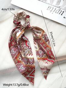 3 Stücke Set französischer Vintage Paris Muster bedruckter Seidenschal Haargummi, Kunstseide Satin Material, Schalband Design, hohe Elastizität, nicht schädigend, niedriger Pferdeschwanz Haargummi - Verschiedenfarbig - Übersicht 2