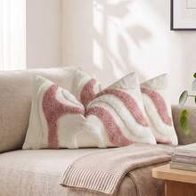 1PC/2PCS Boho Abstract Wave Tufted Throw Pillow Covers, 3D Textured Geometric Square Cushion Cases, Soft Curved Striped Decor Sofa Pillows For Minimalist Wabi-Sabi Neutral Living Room Home Decor, Multiple Colors Available, Pillow Inserts Not Included - Pink - View 5