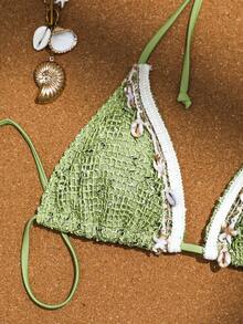 Women's Bikini Set, Crochet Ribbon & Shell Decor Halter Backless Bikini, Bohemian Style Crochet Ribbon & Shell Decor Adjustable Drawstring Vacation Dress - Bright Green - View 3