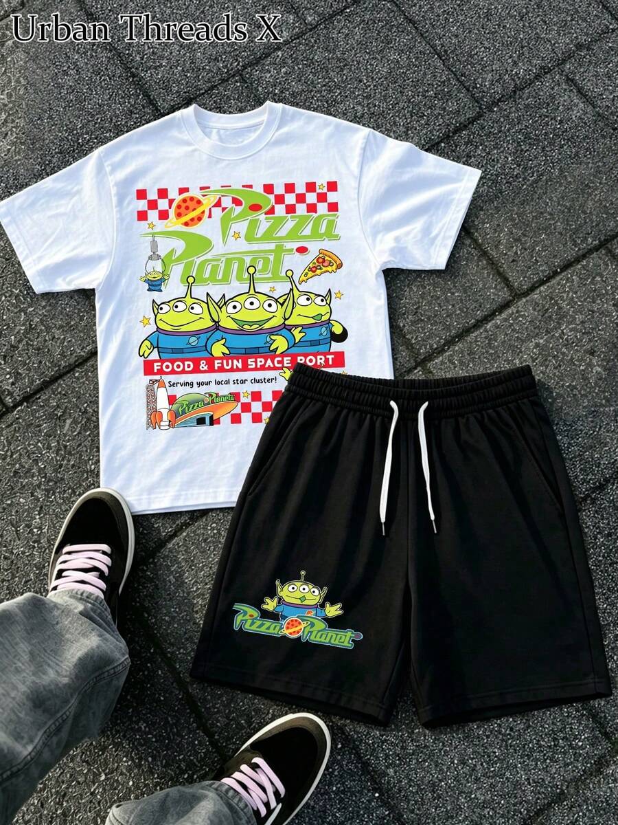 Disney Toy Story-Pizza Planet Three Eyes 2-Piece Men's Sports T-Shirt&Shorts Set Soft Fabric Breathable Printed Round Neck Short Sleeve T-Shirt - 白色+黑色 - 查看 1