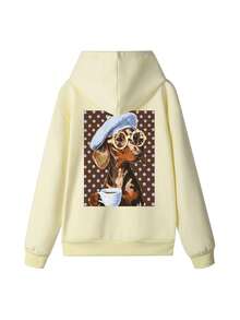 1pc Women's Cream Loose Hooded Sweatshirt, Drawstring Pocket Long Sleeve, Back Spotted Dachshund Coffee Polka Dot Pattern Sweatshirt - Apricot - View 3