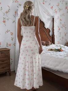 Camisón largo de mujer con encaje, cuello en V, estampado floral menudo, tirantes finos y diseño con abertura, elegante y sexy - Blanco - Ver 2