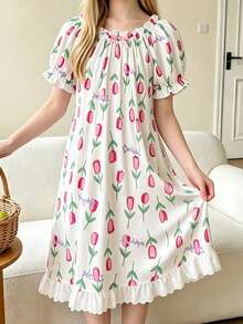 Summer Girls' Tulip Print+Bow Decoration Bubble Short Sleeve Sleeping Dress With Gentle/Fresh Girlish Atmosphere,Soft Fabric,Girls' Little Fresh Dress - Pink - View 1