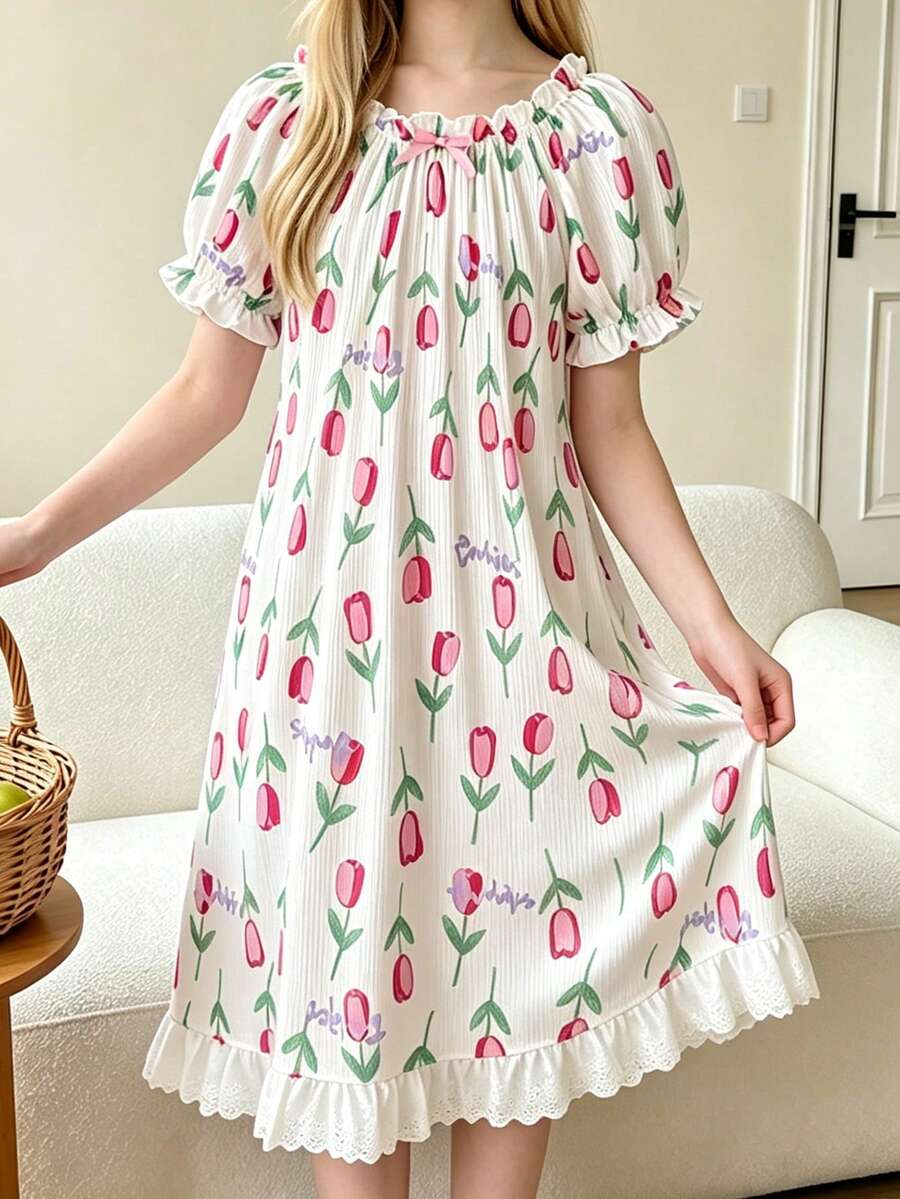 Summer Girls' Tulip Print+Bow Decoration Bubble Short Sleeve Sleeping Dress With Gentle/Fresh Girlish Atmosphere,Soft Fabric,Girls' Little Fresh Dress - Pink - View 1