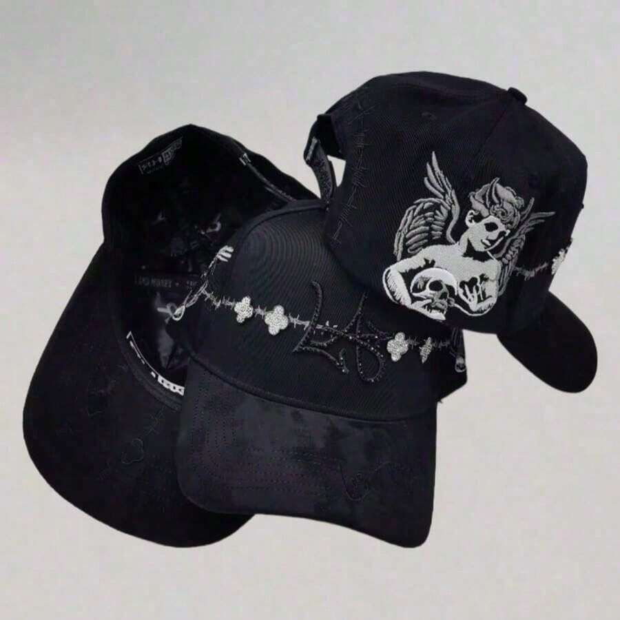 Gorra Béisbol Ángel y Espino Negro con Piedras Brillantes Bordado de Calavera Visera de Gamuza Ajustable - Albaricoque - Ver 1