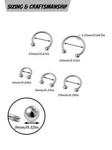 1/5pcs Stainless Steel Hoop Earrings Septum Ring, Silver Horseshoe Cartilage Piercing Jewelry Gift, Round Women's Style, Waterproof Non-Fading Hypoallergenic Body Horseshoe Ring, Nose Ring/Lip Ring Jewelry, 6mm/8mm/10mm/12mm/14mm, Music Festival/Y2K Festival/Autumn Winter Gift/Back To School, Unisex - Round-horseshoe Ring - View 2