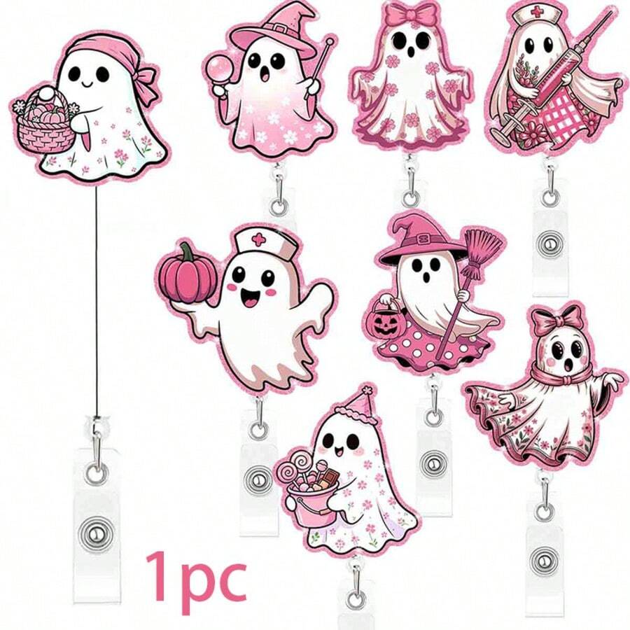 1pc Pink Ghost Retractable Badge Reel Acrylic Halloween Badge Clip Funny Healthcare ID Holder - Multicolor - View 1