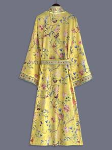 Bohemian Contrast Floral Print Mid-Length Long Sleeve Kimono Cover Up Thin Jacket Women's Elegant Casual Cover-Up Beach Travel Vacation Haori Fall - Yellow - View 2