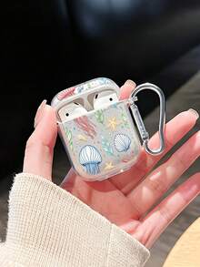 1pc Starfish Jellyfish Painted Transparent Wireless Bluetooth Earphone Case With Accessory Buckle, Compatible With AirPods 1/2/3/Pro/Pro 3/Pro 2/New 3/4, Soft Shell, Transparent Pro 3 2025 - Multicolor - View 2