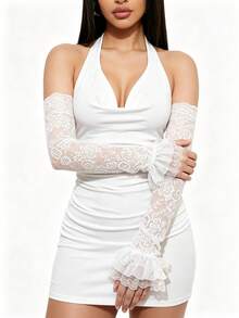 1 Pair Women's Semi-Sheer Floral Lace Arm Sleeves With Multi-Layer Ruffle Design, Long Over-Elbow Fingerless Gloves, Vintage Style Bridal Dress Accessory, Wedding Party Lace Arm Warmers, French Romantic Lace Arm Sleeves - A - View 2