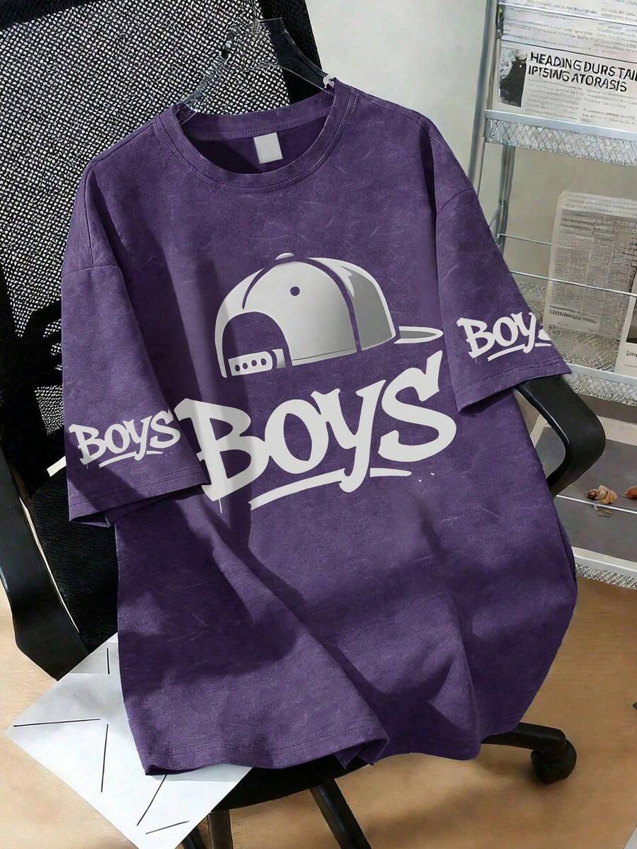 青少年男孩街頭風「Boys」圖案印花休閒短袖T恤,夏季日常必備,適合學校活動 - 紫色 - 查看 1