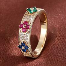 1pc Delicate Floral Geometric Design Cubic Zirconia Inlaid Ring For Women - Multicolor - View 1