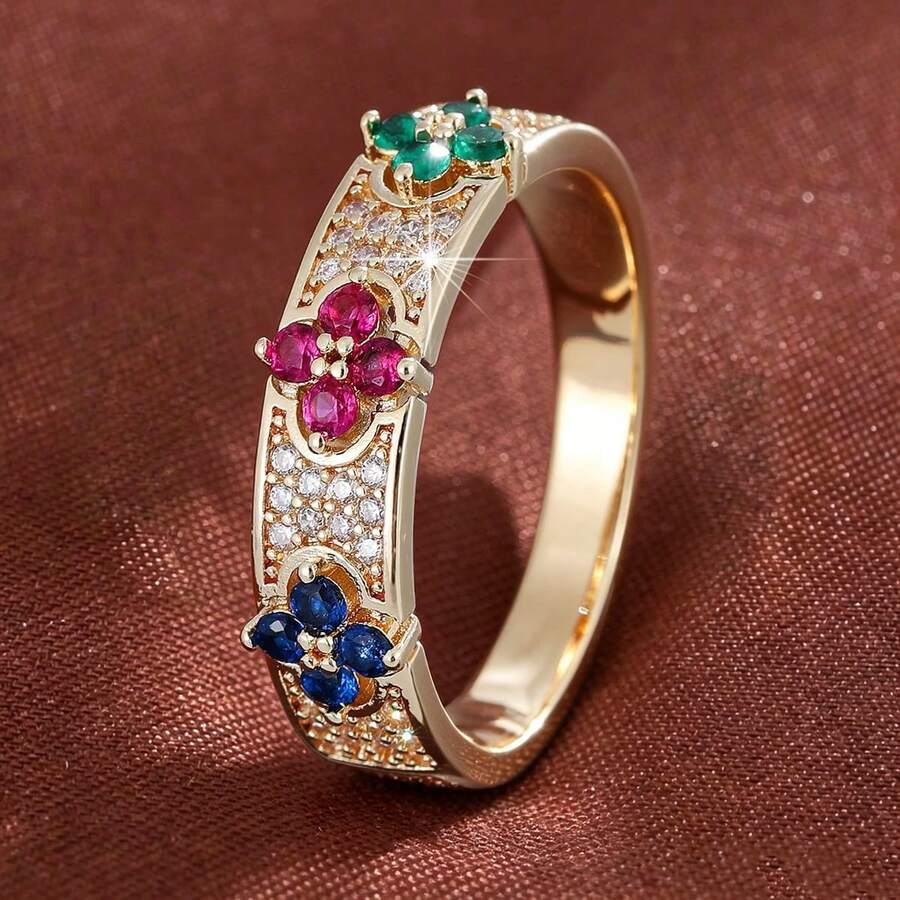 1pc Delicate Floral Geometric Design Cubic Zirconia Inlaid Ring For Women - Multicolor - View 1