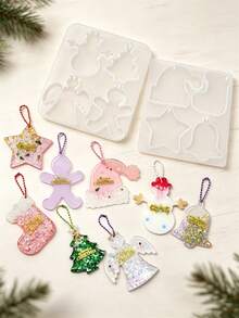 Christmas Themed 4-In-1 Hanging Pendant Silicone Mold, Hat Bell Boot Angel Shapes For Resin Gypsum Soap Listing Card, Create Xmas Tree Decor Ornaments With Snowman Gingerbread Man Elements, Flexible DIY Craft Accessory For Holiday Home Atmosphere - White Silicone Mold - View 5