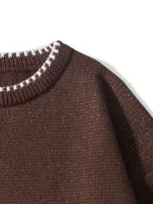 Two-Tone Winking Bear Intarsia Knit Sweater Men's Crew Neck Contrast Trim Loose Fit Pullover - Brown - View 6