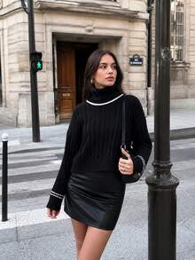 2026 American Vintage Sweater Rajut Leher Tinggi Bergaris Hitam Wanita Model Bahu Jatuh Serbaguna Lengan Panjang Atasan Musim Gugur/Dingin - Hitam - View 5