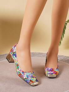 AMROUO 2026 New Women's Colorful Mosaic Low Vamp Pumps With Metal Toe Cap, Square Toe, 4.5cm Chunky Heel, Shiny Finish, Slip-On Mid-Heel High Heels For Party And Commute - Flower - View 3