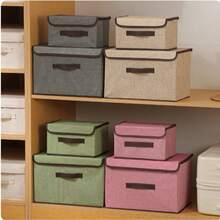 1pc Washable Linen Foldable CD Storage Box, Collapsible Storage Bin With Lid, Toy Organizer Basket, Laundry Basket,Bedroom Room Decor,Back To School - Pink - View 7