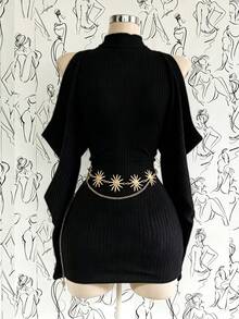Women's Solid Color Semi-High Neck Off-Shoulder Mini Dress, Ribbed Knit Flare Sleeve Sexy Bodycon Bodycon Dress - Black - View 2