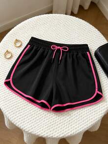 Women's Sweet & Cool Rose Red Trim Quick-Dry Shorts, Street Style Loose Sports Pants, Black Summer Style - Black - View 8