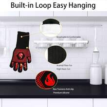 BBQ Fireproof Gloves, Grill Cut-Resistant 1472°F Heat Resistant Gloves, Non-Slip Silicone Oven Gloves, Kitchen  Cooking Gloves For Oven Mitts,Barbecue,Cooking, Frying,13.8 Inch-Red - ColorF - View 3