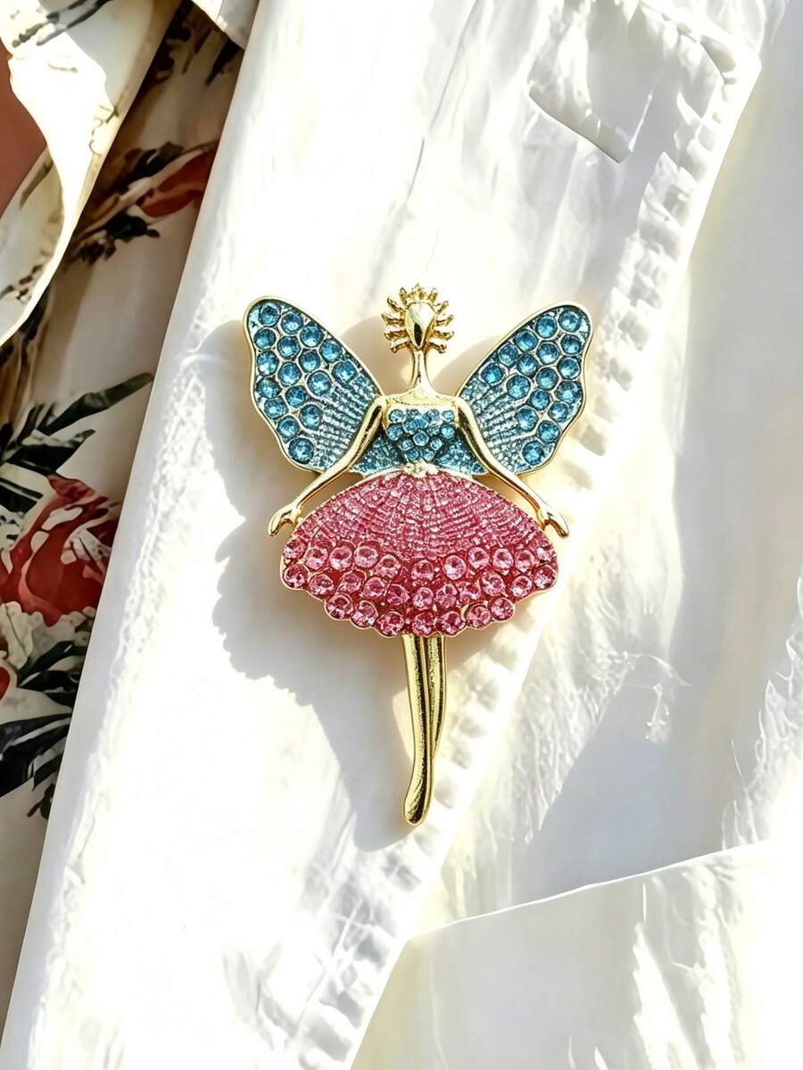 1pc Shiny Crystal Fairy Ballerina Brooch, Blue & Pink Rhinestone Elf Collar Flower, Women's Coat Party Accessory, Christmas Gift, Suitable For Hats, Jeans, Scarves, Shawls, Sweaters And Cardigans, Daily Wear And Gifts - Multicolor - View 1