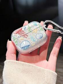 1pc Starfish Jellyfish Painted Transparent Wireless Bluetooth Earphone Case With Accessory Buckle, Compatible With AirPods 1/2/3/Pro/Pro 3/Pro 2/New 3/4, Soft Shell, Transparent Pro 3 2025 - Multicolor - View 1
