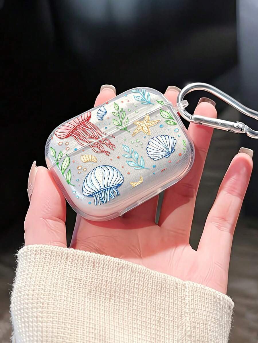 1pc Starfish Jellyfish Painted Transparent Wireless Bluetooth Earphone Case With Accessory Buckle, Compatible With AirPods 1/2/3/Pro/Pro 3/Pro 2/New 3/4, Soft Shell, Transparent Pro 3 2025 - Multicolor - View 1