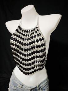 Women's Luxury Shiny Rhinestone Tassel Camisole See-Through Party Club Sexy Crop Top - Black - View 3