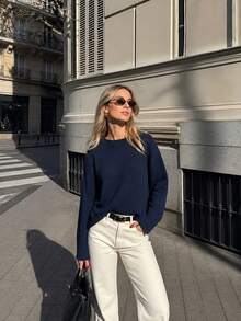 Sweater Rajut Kasual Serbaguna Warna Solid Gaya Eropa & Amerika Y2K Terbaru 2026 untuk Wanita, Musim Gugur/Dingin - Navy Blue - View 6