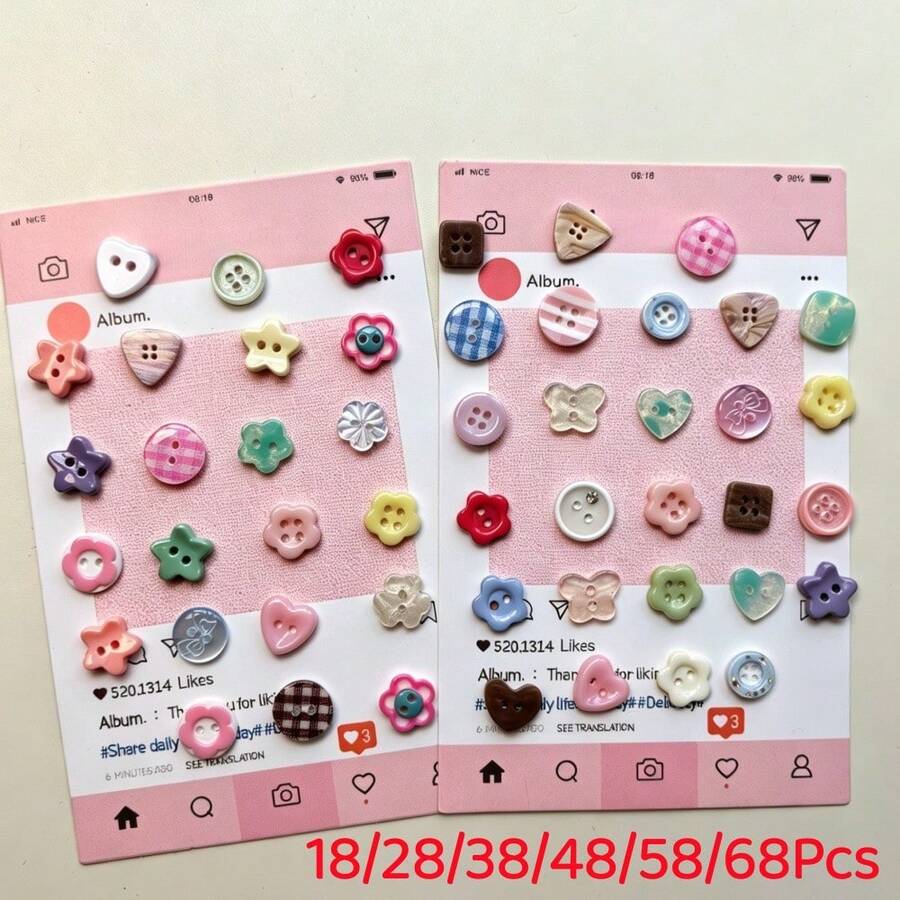 18/28/38/48/58/68入馬卡龍色樹脂鈕扣,愛心與花朵設計,適用於縫製、DIY手工藝與開襟衫 - 多色 - 查看 1