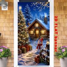 2D Plane 1 Piece Christmas Winter-Themed Banner Background, Featuring Snowy Log Cabin, Decorated Christmas Tree, Snowman, And Christmas Gift Designs, Made Of Polyester Material, No Power Required For Easy Use - View 3