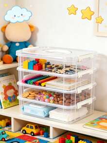 4/3/2/1 Tier Transparent Plastic Desktop Storage Box With Convenient Handle, Dust-Proof Stationery Organizer Drawer Box, Suitable For Sticky Notes, Tape, Craft Materials, Cosmetics, Pencil Box, School Supplies Storage - Multicolor - View 7