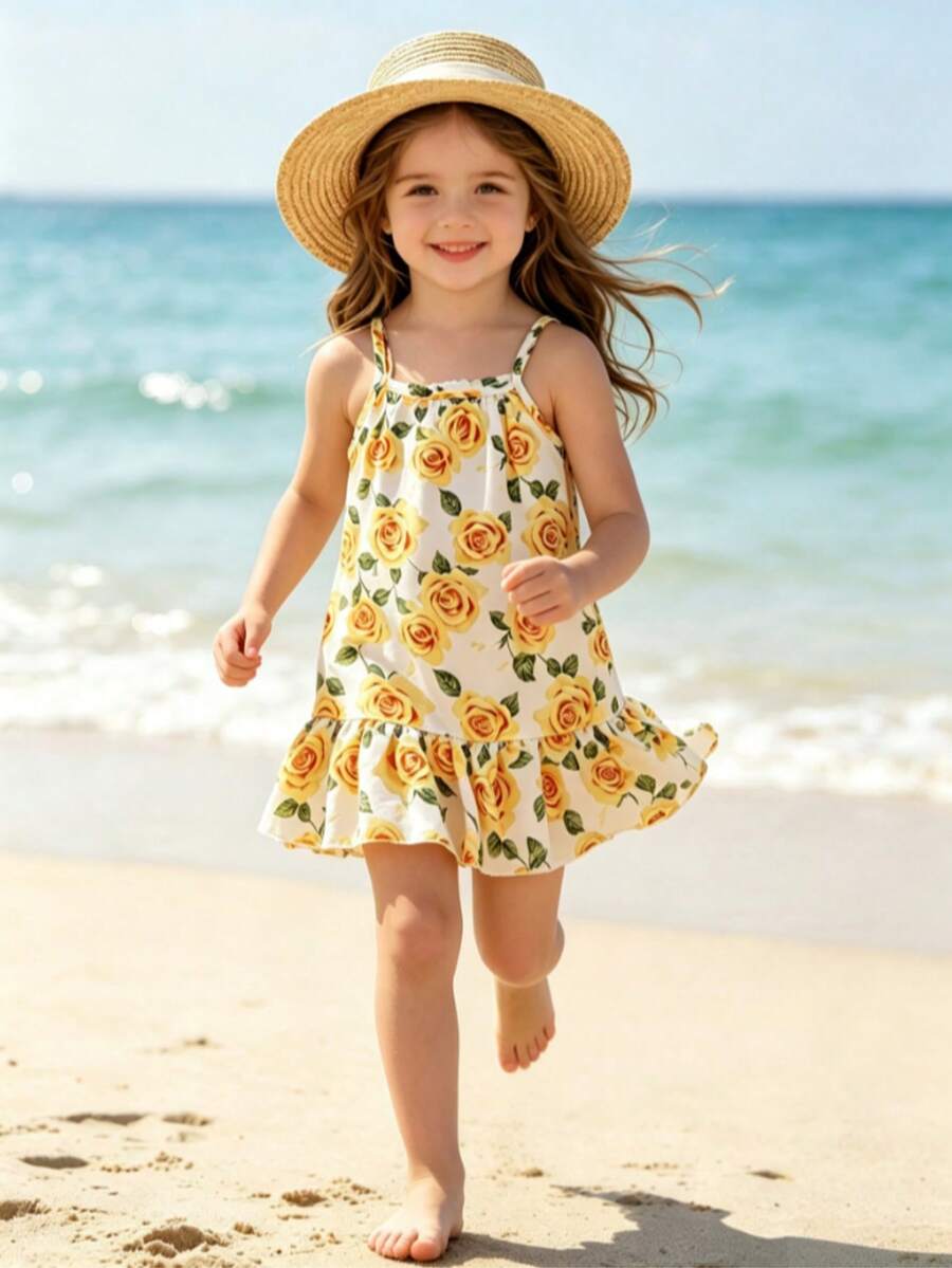 1件女嬰海灘度假風數位印花細肩帶洋裝,薄款夏季 - 黃色 - 查看 1