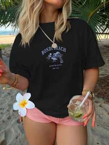 女款夏季 Bondi Beach 印花休閒簡約寬鬆日常街頭風短袖 T-shirt 上衣，沙灘上衣 黑色 - 黑色 - 查看 3
