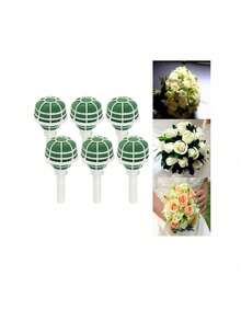 6pcs Foam Floral Handle Bouquet Holder, Suitable For DIY Wedding Bouquets, With Fixable Diamond Bouquet Pins And Green Tape, Wedding Supplies - Green - View 2